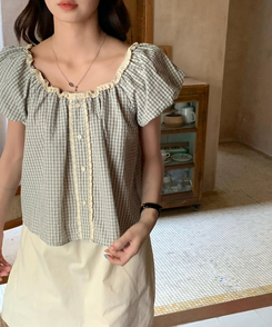 チェックレースブラウス WHITE