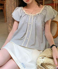 チェックレースブラウス WHITE