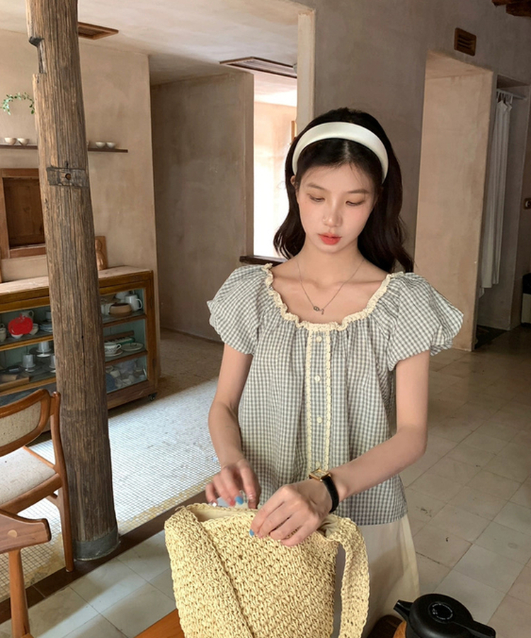 チェックレースブラウス WHITE