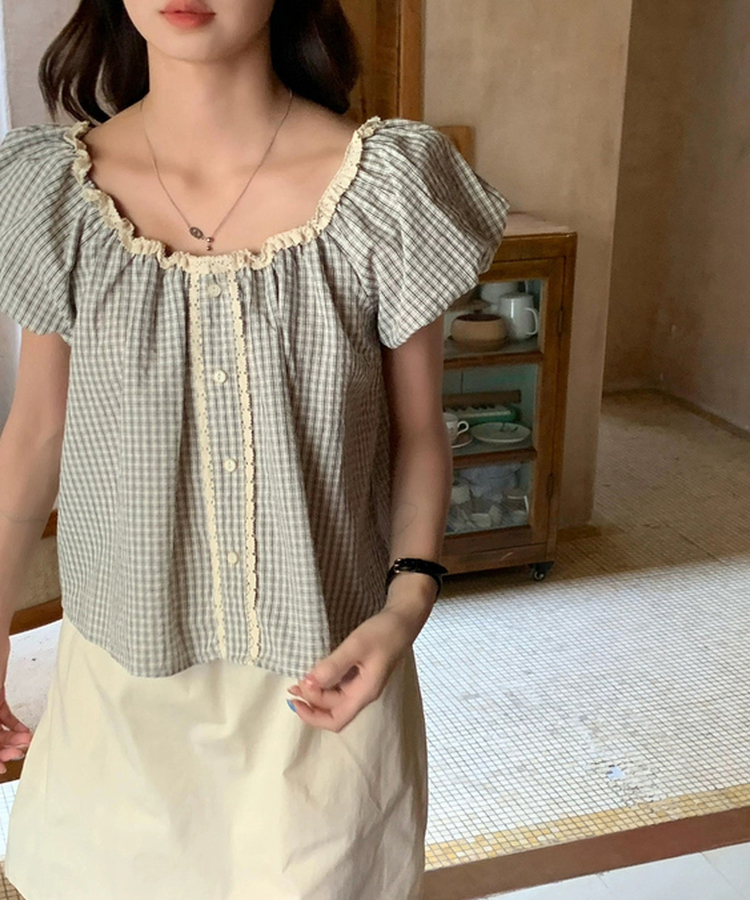 チェックレースブラウス WHITE