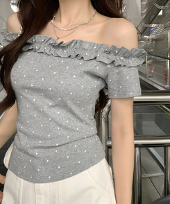半袖Tシャツ フリルオフショルダー半袖Tシャツ GREY