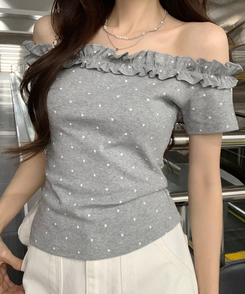 半袖Tシャツ フリルオフショルダー半袖Tシャツ GREY