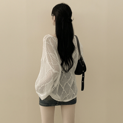 [빈티지힙/3pc세트] 펀칭 시스루 그물 브이넥 여름니트 캡내장 끈나시 탑 벨트 세트 살안타템 살탐방지 화이트
