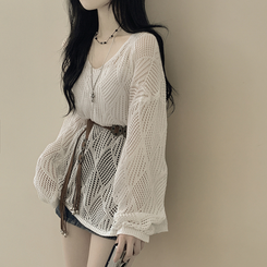 [빈티지힙/3pc세트] 펀칭 시스루 그물 브이넥 여름니트 캡내장 끈나시 탑 벨트 세트 살안타템 살탐방지 화이트