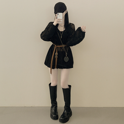 [빈티지힙/3pc세트] 펀칭 시스루 그물 브이넥 여름니트 캡내장 끈나시 탑 벨트 세트 살안타템 살탐방지 블랙