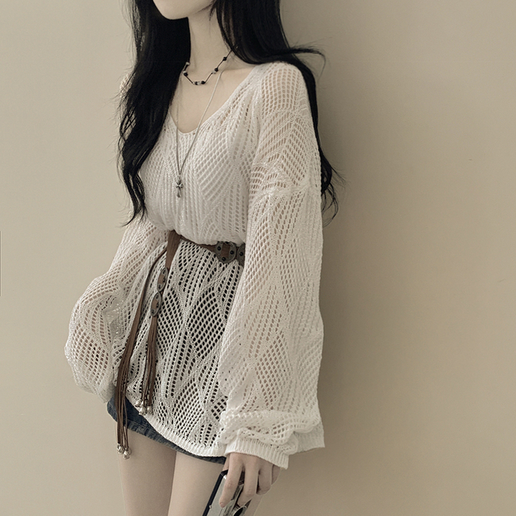 [빈티지힙/3pc세트] 펀칭 시스루 그물 브이넥 여름니트 캡내장 끈나시 탑 벨트 세트 살안타템 살탐방지 화이트