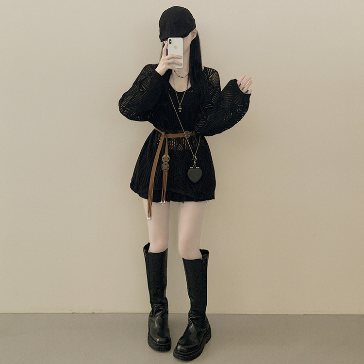 [빈티지힙/3pc세트] 펀칭 시스루 그물 브이넥 여름니트 캡내장 끈나시 탑 벨트 세트 살안타템 살탐방지 블랙
