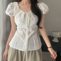 ブラウス リボンシャーリングパフ半袖ブラウス IVORY