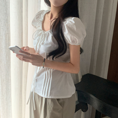 ブラウス リボンシャーリングパフ半袖ブラウス IVORY