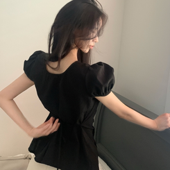 ブラウス リボンシャーリングパフ半袖ブラウス BLACK