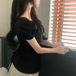 ブラウス リボンシャーリングパフ半袖ブラウス BLACK