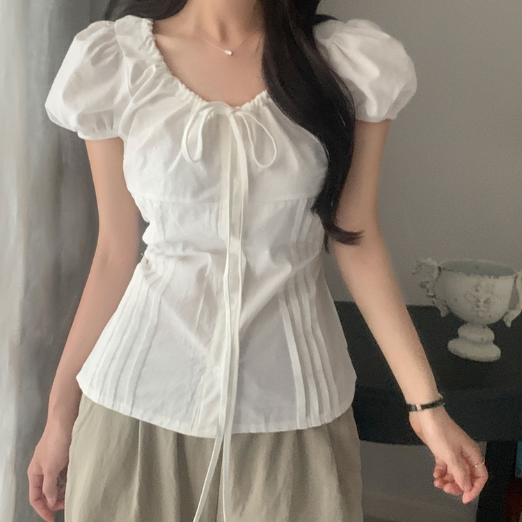 リボンシャーリングパフ半袖ブラウス IVORY