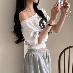 ナンバーオフクロップ半袖Tシャツ MELANGE WHITE