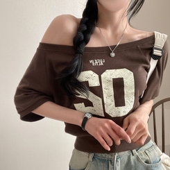 ナンバーオフクロップ半袖Tシャツ BROWN