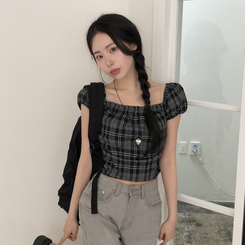 [스모크밴딩!편하게!]블리 날씬핏 스모크 체크 퍼프 반팔 크롭 블라우스 4color 블랙체크