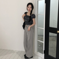 [스모크밴딩!편하게!]블리 날씬핏 스모크 체크 퍼프 반팔 크롭 블라우스 4color 블랙체크