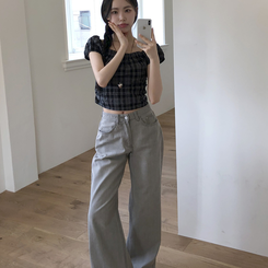[스모크밴딩!편하게!]블리 날씬핏 스모크 체크 퍼프 반팔 크롭 블라우스 4color 블랙체크