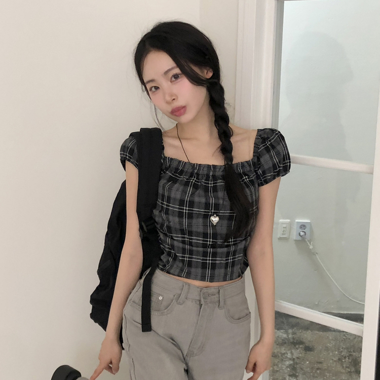 [스모크밴딩!편하게!]블리 날씬핏 스모크 체크 퍼프 반팔 크롭 블라우스 4color 블랙체크