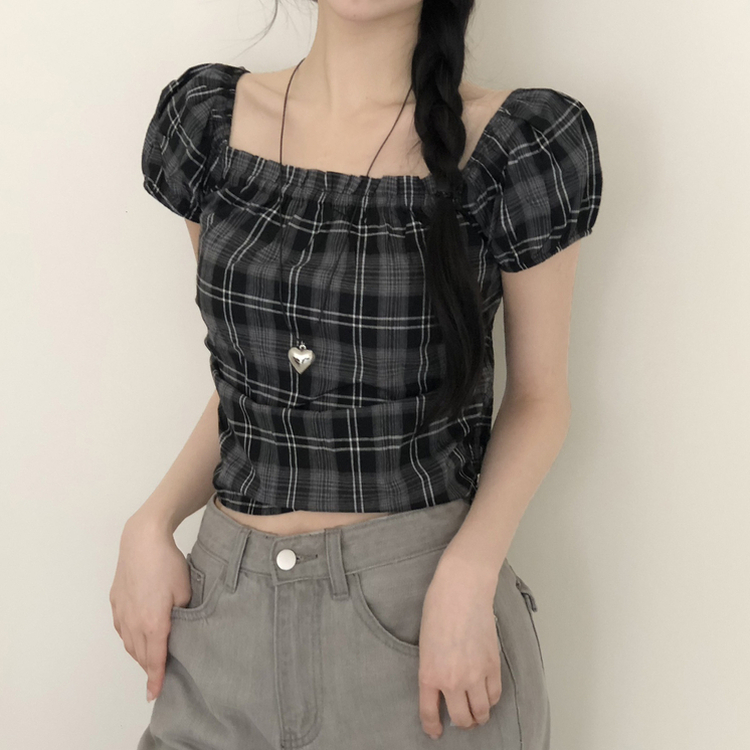 [스모크밴딩!편하게!]블리 날씬핏 스모크 체크 퍼프 반팔 크롭 블라우스 4color 블랙체크