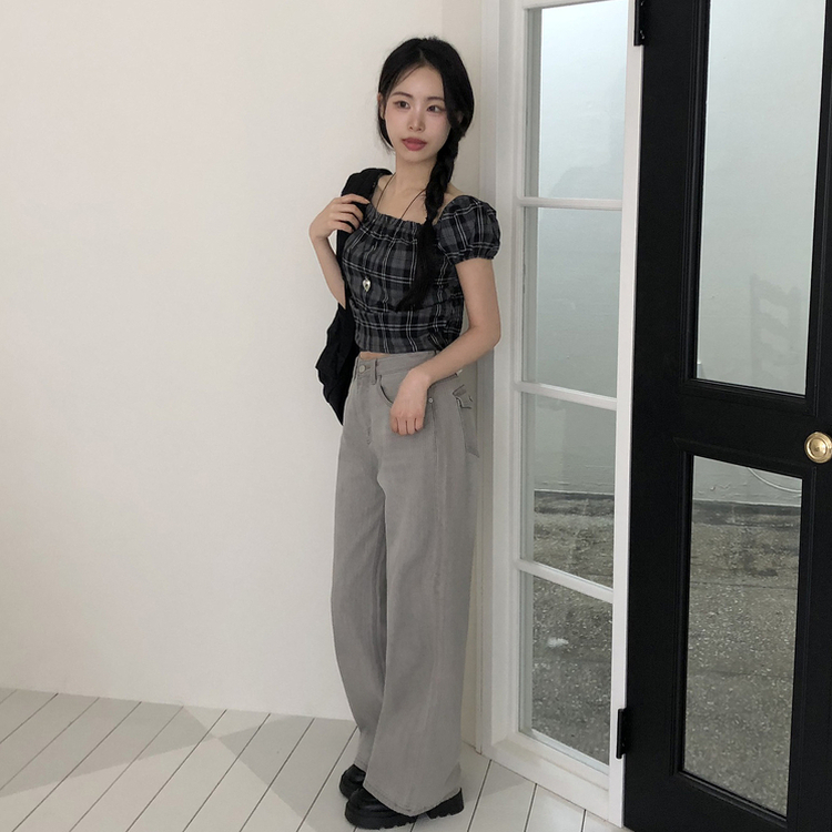 [스모크밴딩!편하게!]블리 날씬핏 스모크 체크 퍼프 반팔 크롭 블라우스 4color 블랙체크
