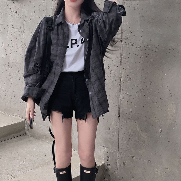쉐도우 오버핏 썸머 체크 셔츠 남방 차콜