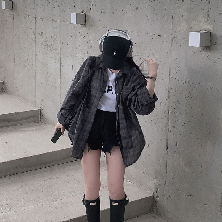 쉐도우 오버핏 썸머 체크 셔츠 남방 차콜