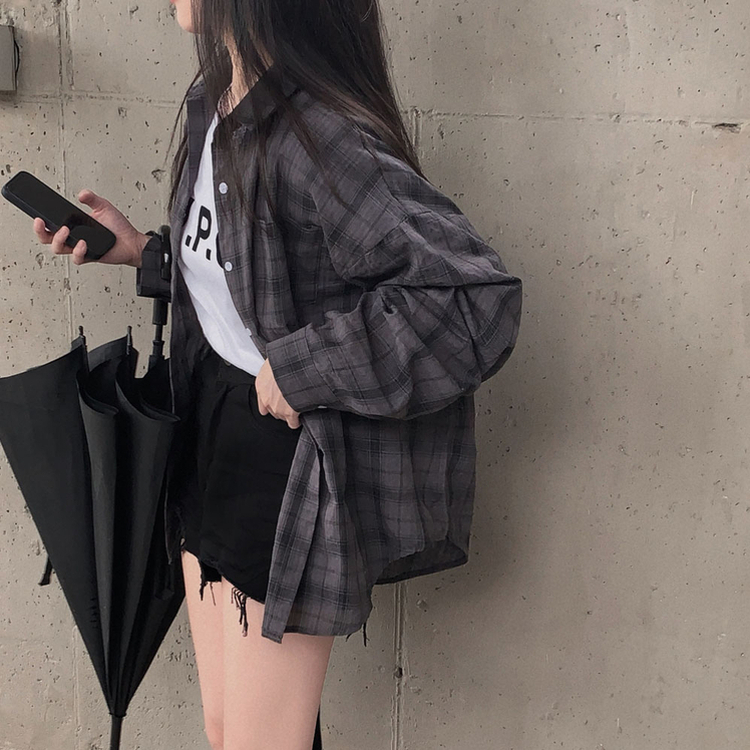 쉐도우 오버핏 썸머 체크 셔츠 남방 차콜