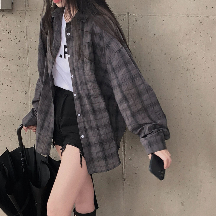 쉐도우 오버핏 썸머 체크 셔츠 남방 차콜