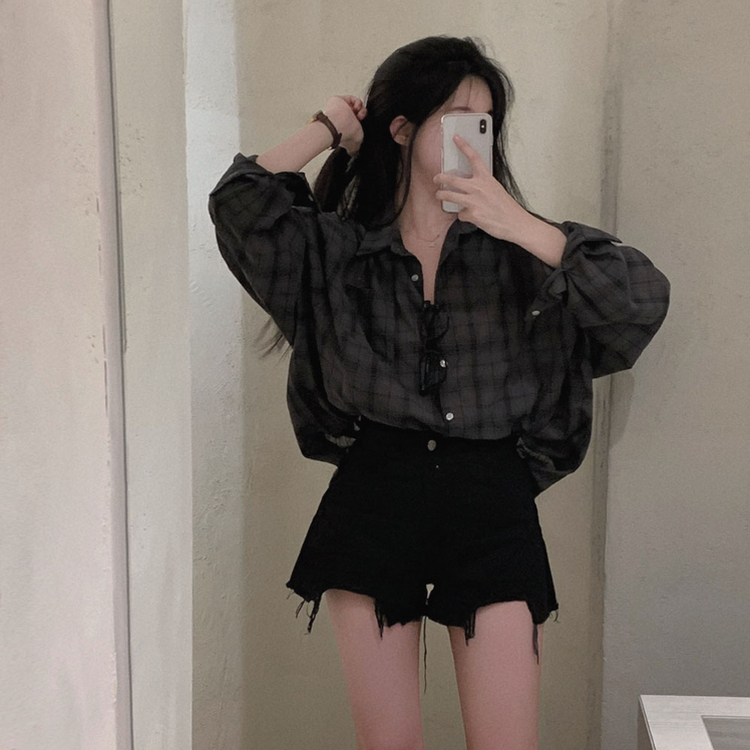 쉐도우 오버핏 썸머 체크 셔츠 남방 차콜