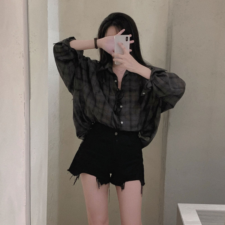 쉐도우 오버핏 썸머 체크 셔츠 남방 차콜