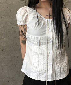 ブラウス リボンストラップパフ半袖ブラウス IVORY