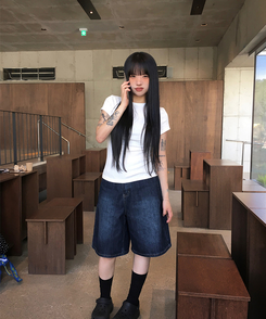 ショートパンツ バミューダウォッシングデニムパンツ DEEP BLUE