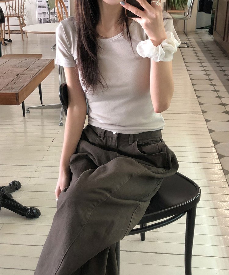 ラウンドスリムコットン半袖Tシャツ(9color) BEIGE