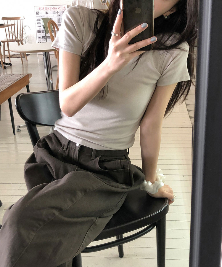 ラウンドスリムコットン半袖Tシャツ(9color) BEIGE