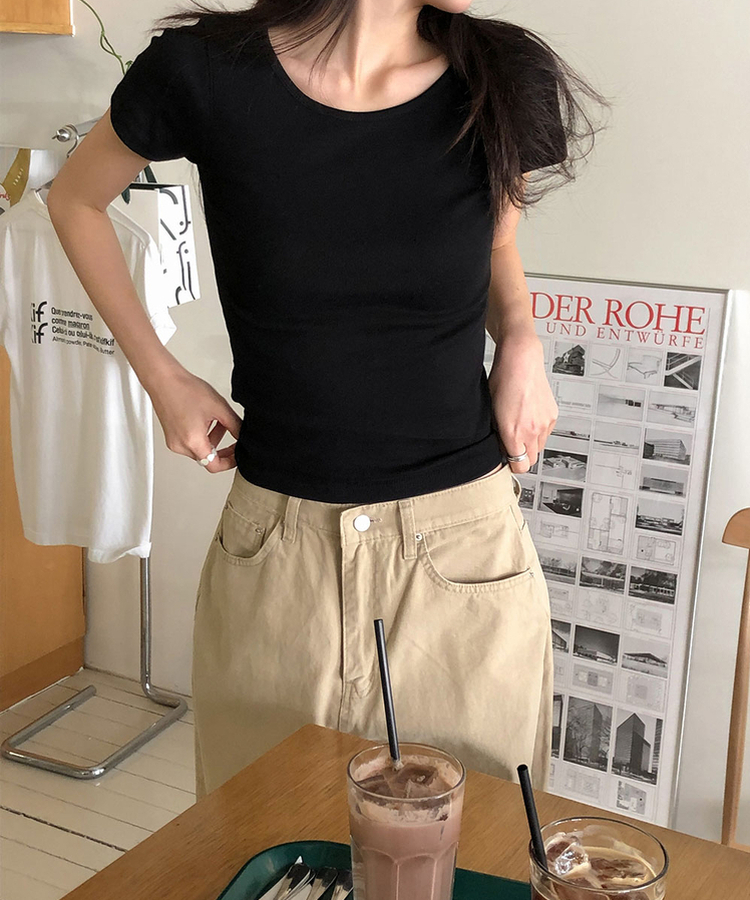 ラウンドスリムコットン半袖Tシャツ(9color) BLACK