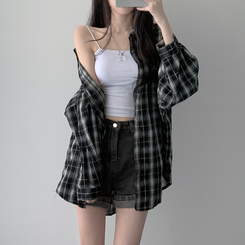 シャツ オーバーフィットチェックシャツ BLACK