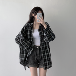 シャツ オーバーフィットチェックシャツ BLACK