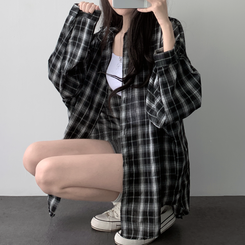 シャツ オーバーフィットチェックシャツ BLACK