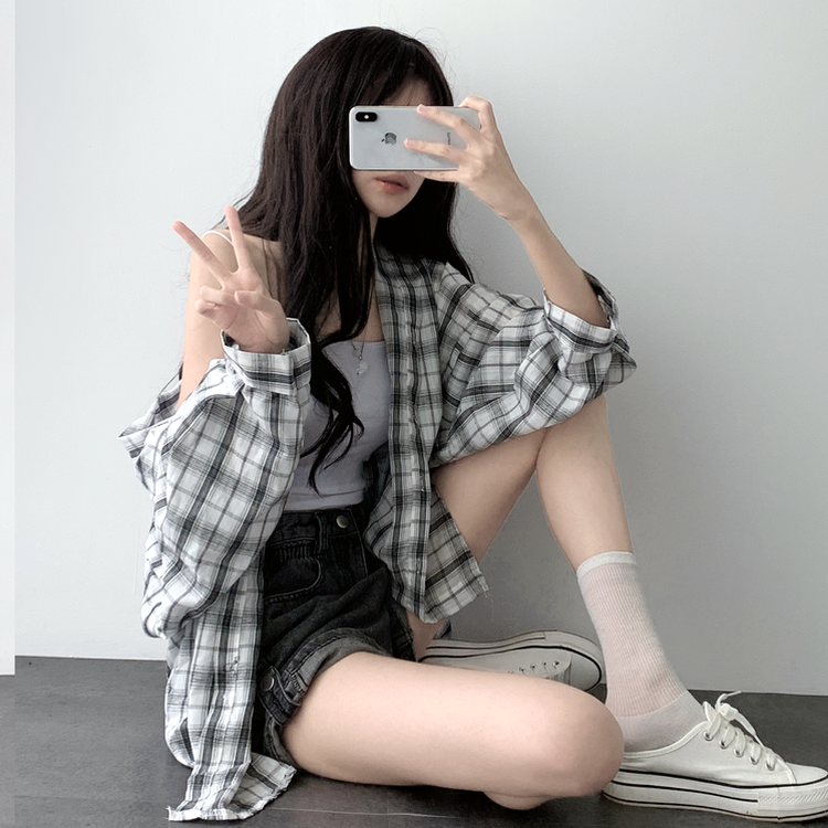 シャツ オーバーフィットチェックシャツ WHITE