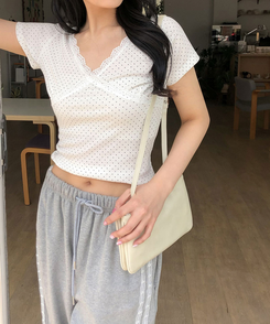 半袖Tシャツ Vネックドットレース半袖Tシャツ IVORY