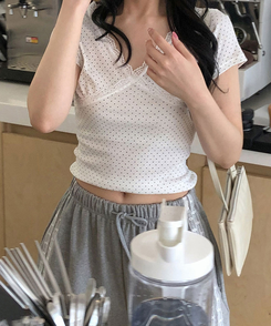 半袖Tシャツ Vネックドットレース半袖Tシャツ IVORY