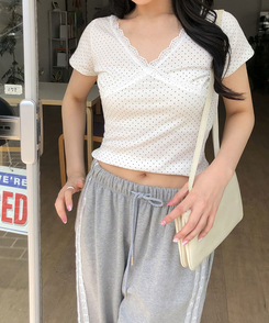 半袖Tシャツ Vネックドットレース半袖Tシャツ IVORY