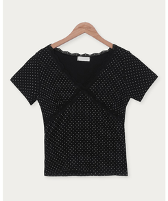 半袖Tシャツ Vネックドットレース半袖Tシャツ