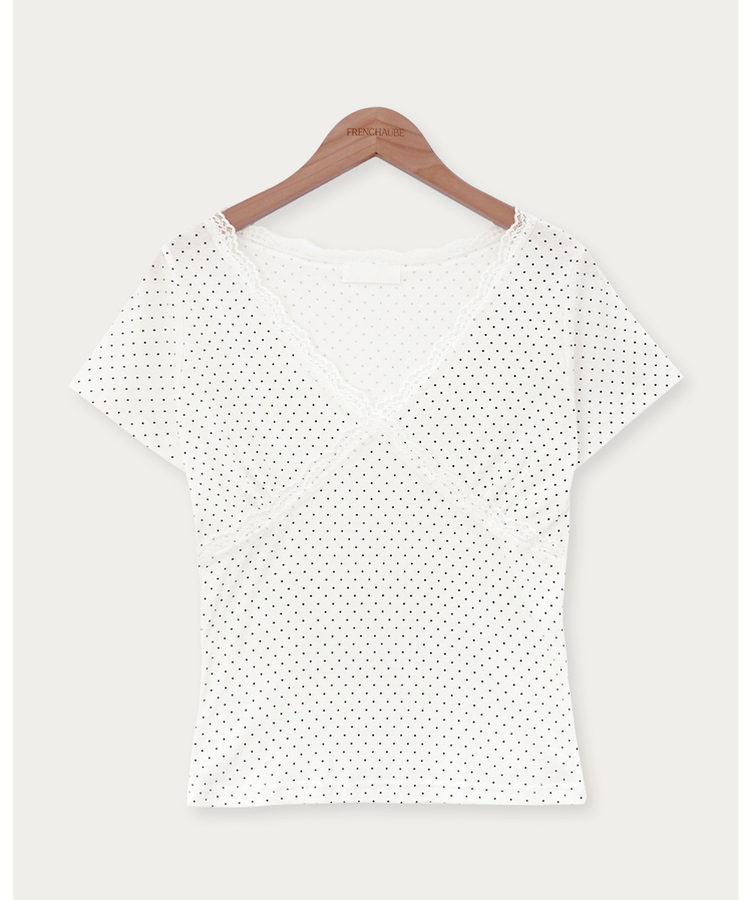 Vネックドットレース半袖Tシャツ