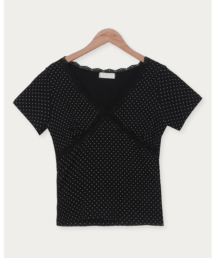 Vネックドットレース半袖Tシャツ