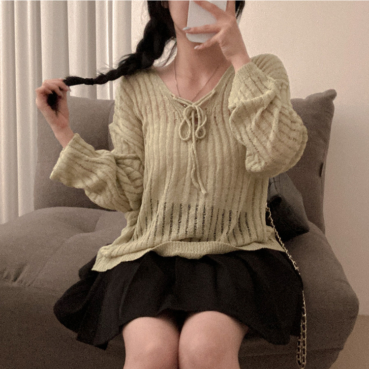 아일렛 리본 시스루 루즈핏 부클 니트 연두