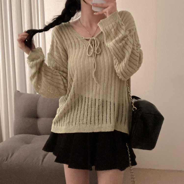 아일렛 리본 시스루 루즈핏 부클 니트 연두