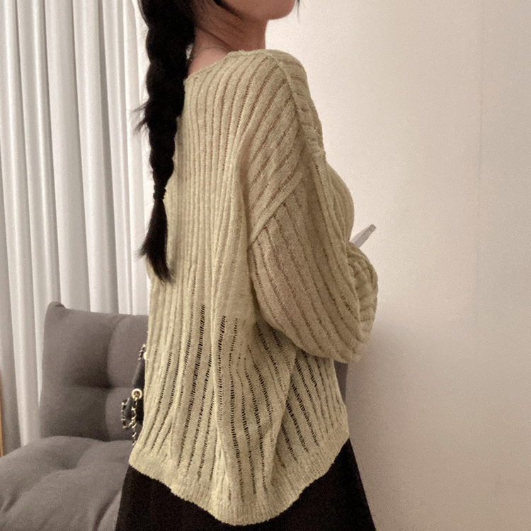 아일렛 리본 시스루 루즈핏 부클 니트 연두