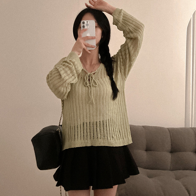 아일렛 리본 시스루 루즈핏 부클 니트 연두