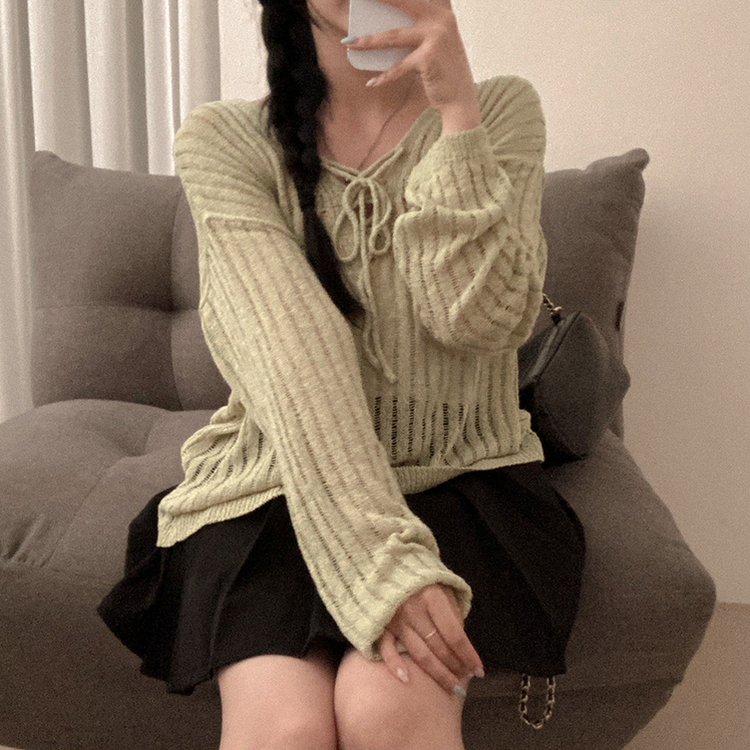 아일렛 리본 시스루 루즈핏 부클 니트 연두